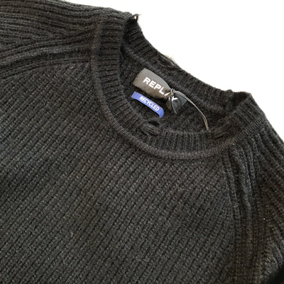 REPLAY Ripped Neck Black Knit